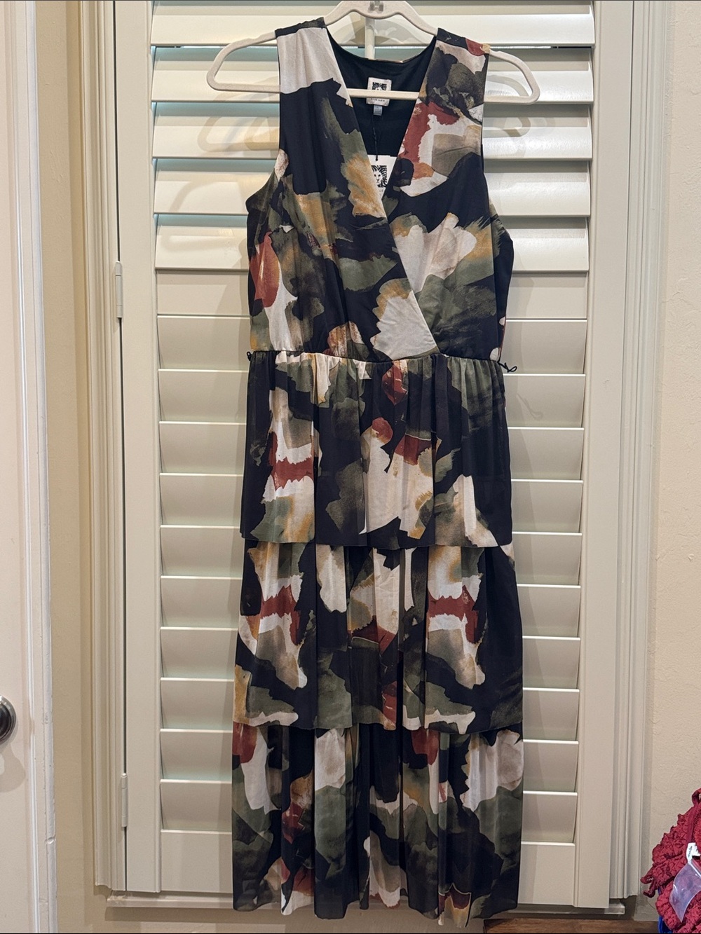 Anne Klein Black Maxi Dress with Olive, Rust & Cream Abstract Print